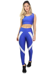 Conjunto Feminino Fitness Cropped Azul e Calça Legging Azul e Branco