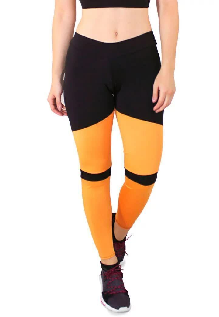 Calça Legging Feminina Cintura Alta Preta Com Detalhe Amarelo