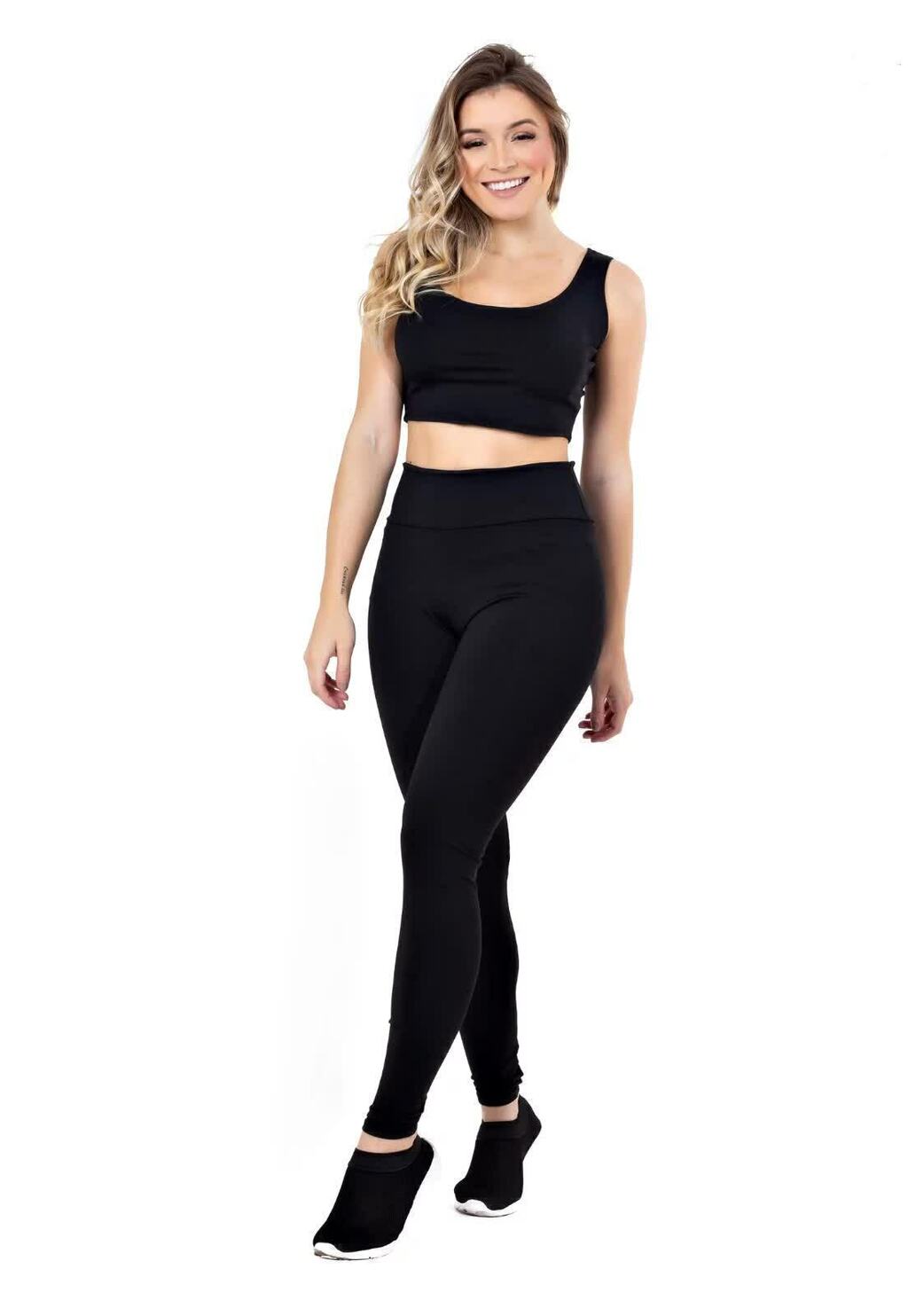 Conjunto Feminino Fitness Cropped e Calça Legging Cintura Alta Preta