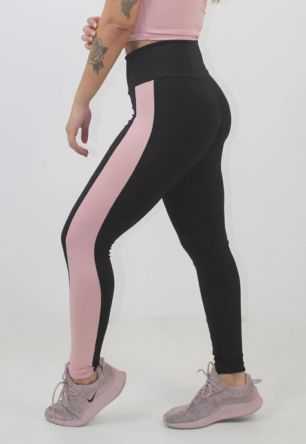 Calça Legging Feminina Cintura Alta Preta Detalhe Lateral Faixa Rosa