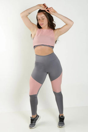 Conjunto Feminino Fitness Regatinha Tela Rosa Com Cropped Tomara Que Caia e Calça Legging Cinza Tela Rosa