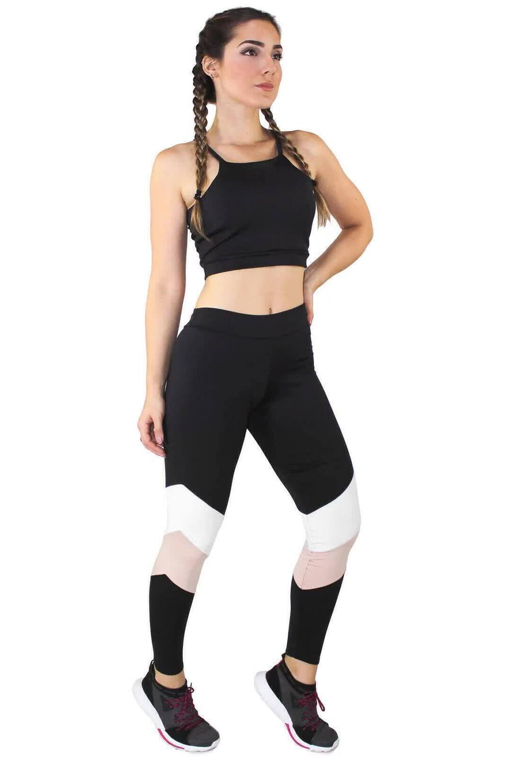 Conjunto Feminino Fitness Cropped e Calça Legging Preta Detalhe Rosa e Branco