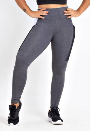 Calça Legging Feminina Cintura Alta Cinza Com Bolso Detale Branco