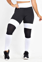 Calça Legging Feminina Cintura Alta Preta e Branco Com Detalhe Em Tela