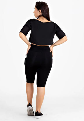 Conjunto Feminino Fitness Cropped e Bermuda Preta Com Bolso Em Tela