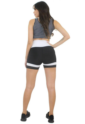 Conjunto Feminino Cropped e Short Preto com Branco