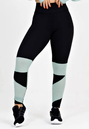 Calça Legging Feminina Cintura Alta Preta Detalhe Em Tela Verde