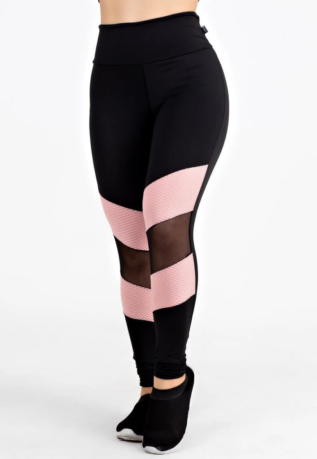 Calça Legging Feminina Cintura Alta Preta Com Betalhe Rosa E Em Tela Transparente