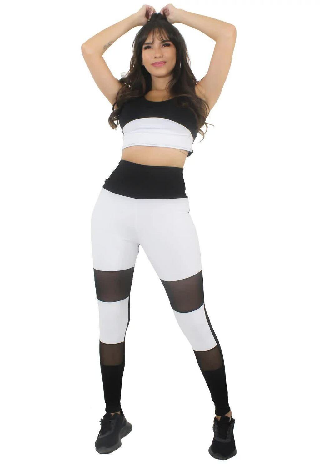 Conjunto Fitness Feminino Cropped e Calça Legging Preto e Branco