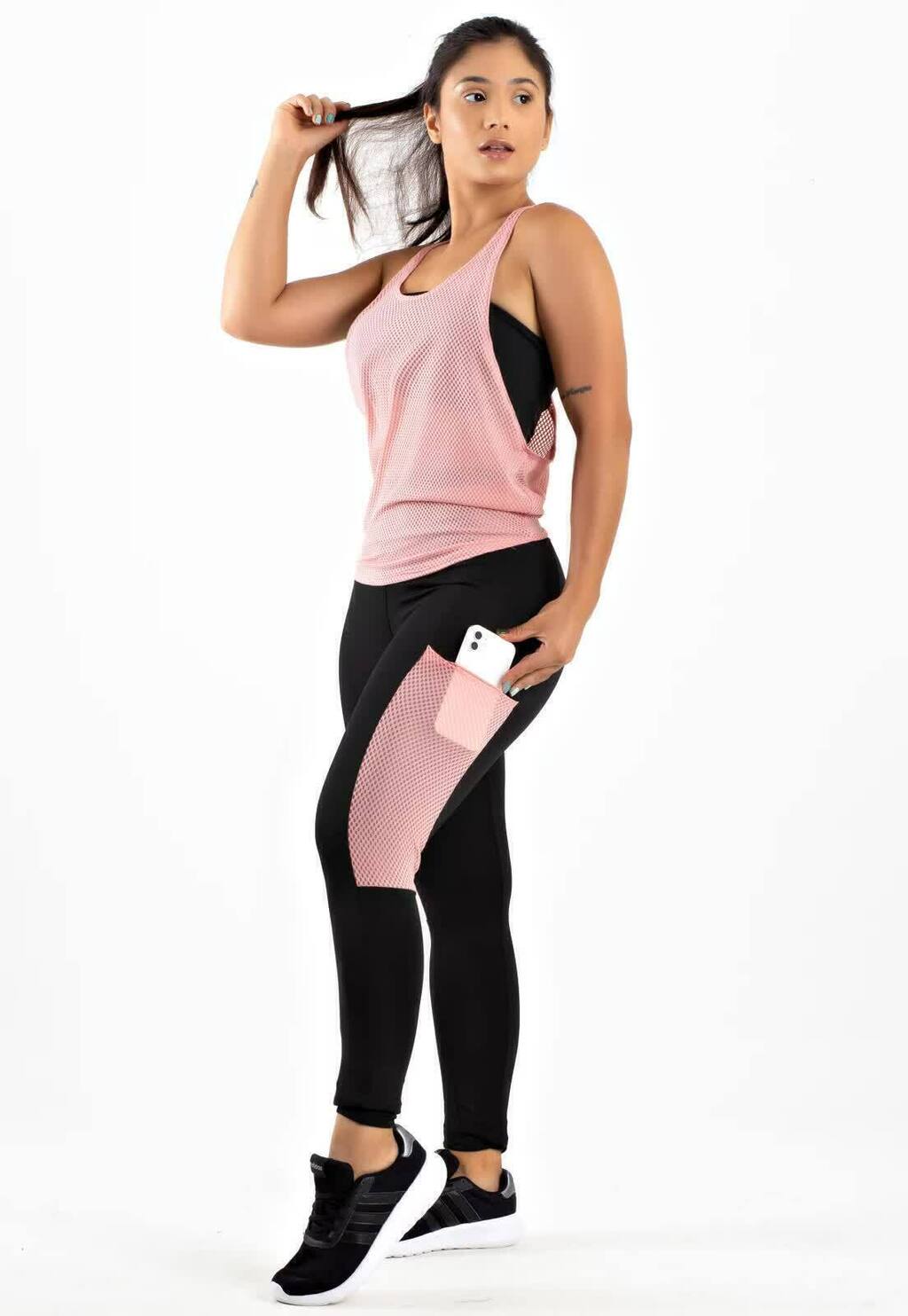 Conjunto Feminino Fitness Regata Tela Rosa Com Top Tomara que Caia e Calça Legging Com Bolso