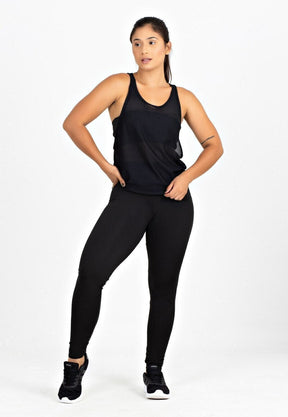 Conjunto Feminino Fitness Cropped Tomara Que Caia Com Regata De Tela e Calça Legging Preta