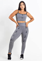 Conjunto Fitness Feminino Cropped Cinza e Calça Legging Cinza Faixa Detalhada