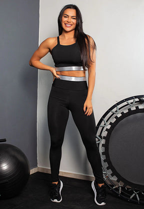 Conjunto Feminino Fitness Cropped Calça Legging Com Elástico Preto