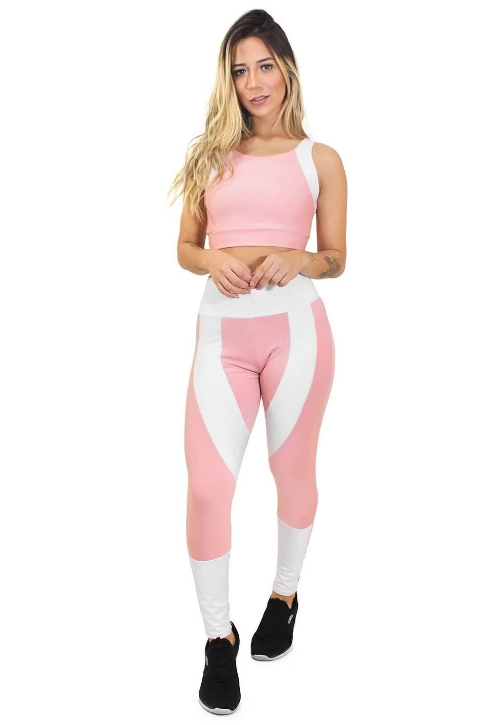 Conjunto Feminino Fitness Cropped e Calça Legging Rosa e Branco