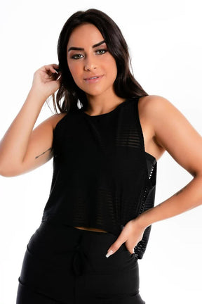 Cropped Preto Transparencia em Listras com Top Tomara que Caia