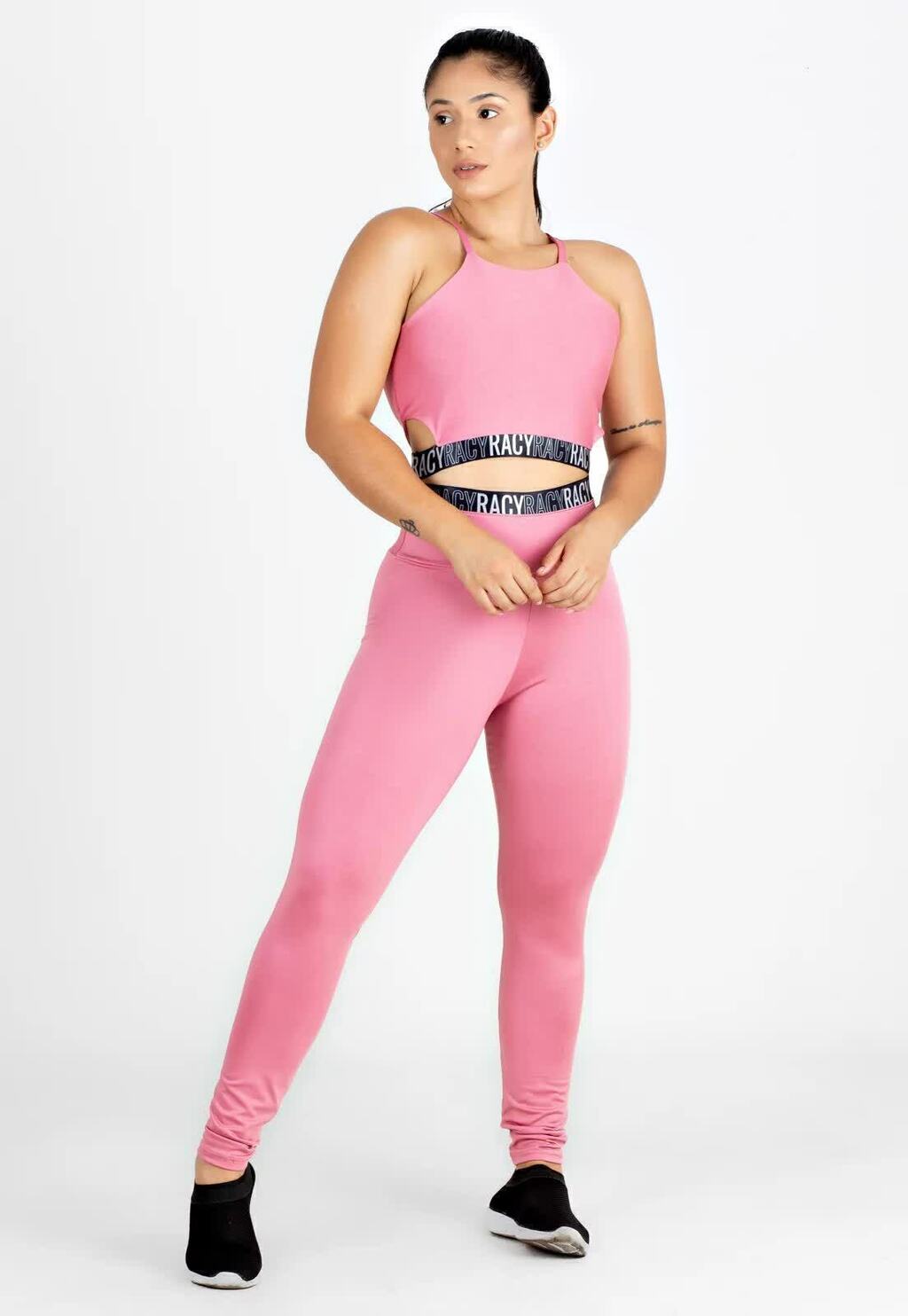 Conjunto Feminino Fitness Cropped e Calça Legging Rosa