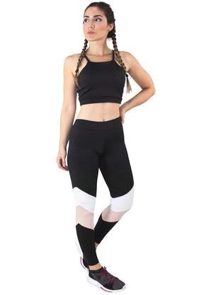 Conjunto Feminino Fitness Cropped e Calça Legging Preta Detalhe Rosa e Branco