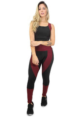 Conjunto Fitness Feminino Cropped Alcinha Preto Detalhe Marsala + Calça Legging Cintura Alta Preta Detalhe Marsala