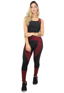 Conjunto Fitness Feminino Cropped Alcinha Preto Detalhe Marsala + Calça Legging Cintura Alta Preta Detalhe Marsala