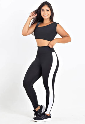 Conjunto Feminino Fitness Cropped Preto e Calça Legging Preta Detalhe Em Branca