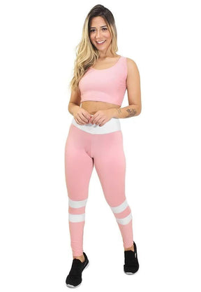 Conjunto Feminino Fitness Cropped Rosa e Calça Legging Rosa Detalhe Branco