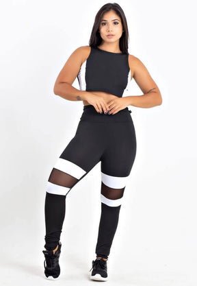 Conjunto Feminino Fitness Cropped e Calça Legging Preto e Branco Com Tela