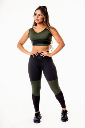 Conjunto Feminino Fitness Cropped e Calça Legging Preto e Verde Militar