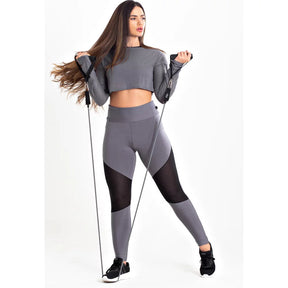 Conjunto Feminino Fitness Cropped Manga Longa Tela e Calça Legging Cinza Tela Preta