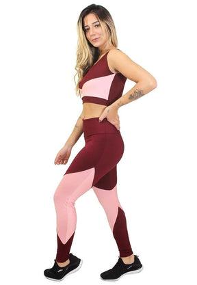 Conjunto Feminino Fitness Cropped e Calça Legging Marsala e Rosa