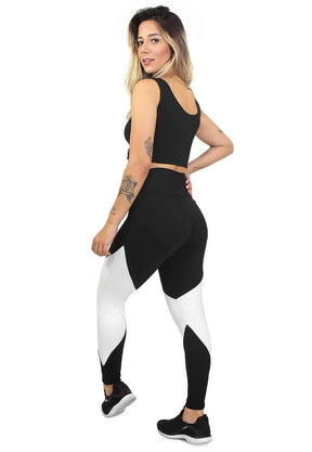 Conjunto Feminino Fitness Cropped Preto e Calça Legging Preta Com Branco