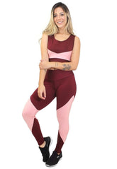 Conjunto Feminino Fitness Cropped e Calça Legging Marsala e Rosa