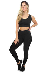 Conjunto Fitness Feminino Cropped Alça Preto + Calça Legging Cintura Alta Preto