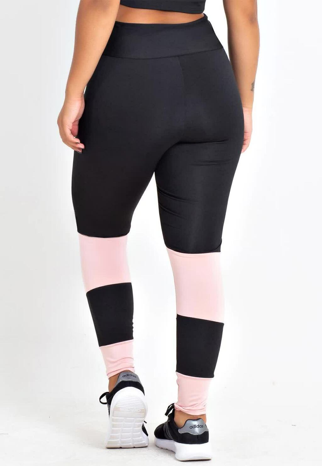 Calça Legging Feminina Cintura Alta Preta Detalhes Em Rosa