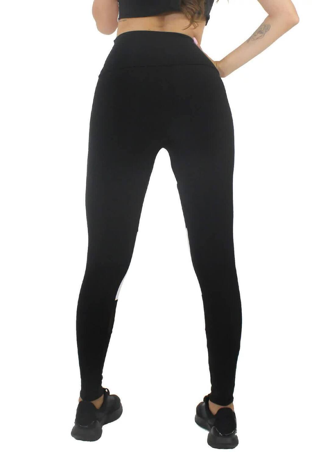 Calça Legging Feminina Cintura Alta Preto Com Branco Detalhe Em Tela Transparente