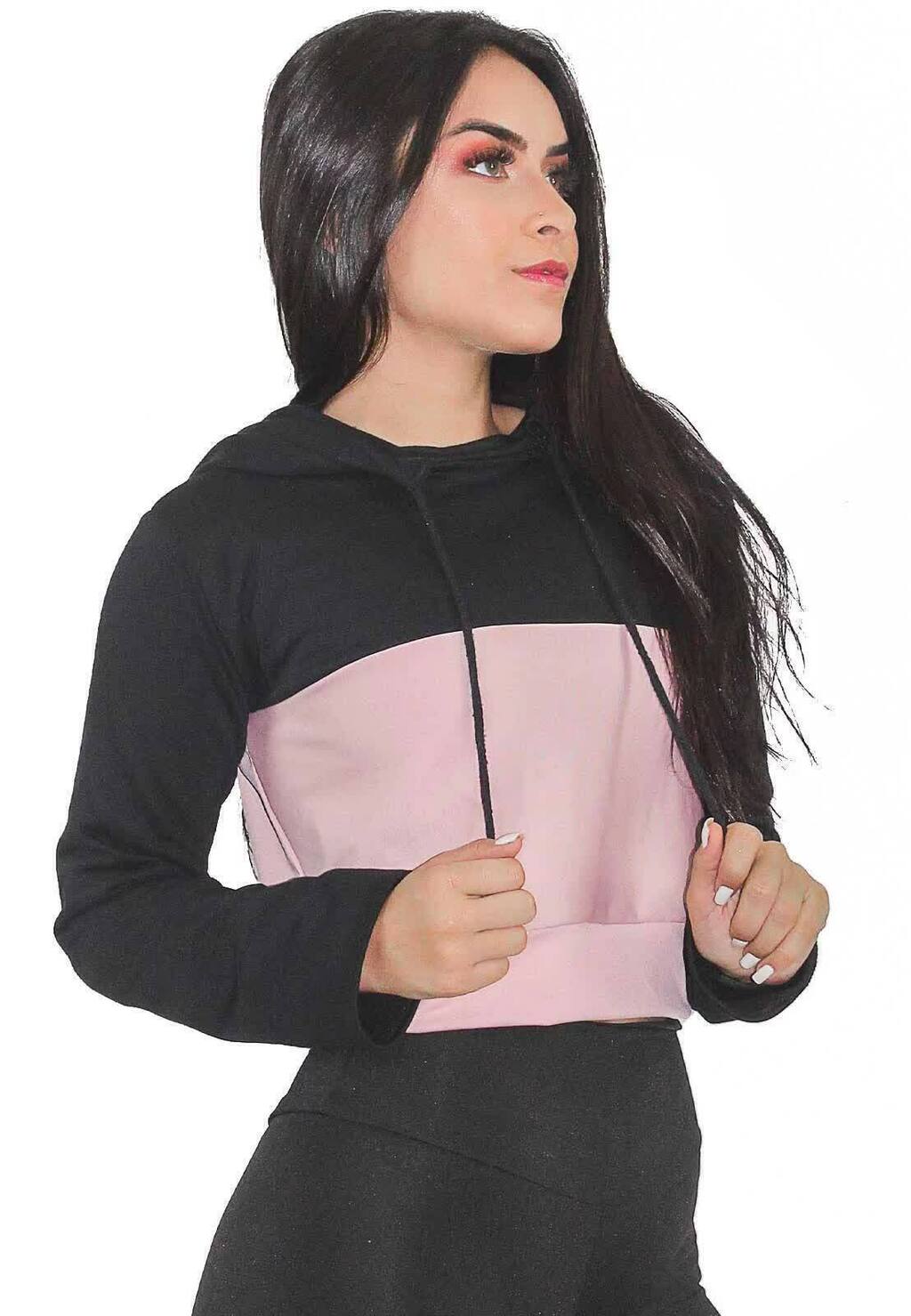 Casaco Feminino Moletom Curto Preto e Rosa Com Capuz