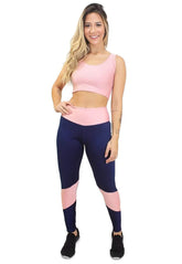 Conjunto Feminino Fitness Cropped Rosa e Calça Legging Azul Detalhe Rosa