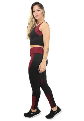 Conjunto Fitness Feminino Cropped Alcinha Preto Detalhe Marsala + Calça Legging Cintura Alta Preta Detalhe Marsala