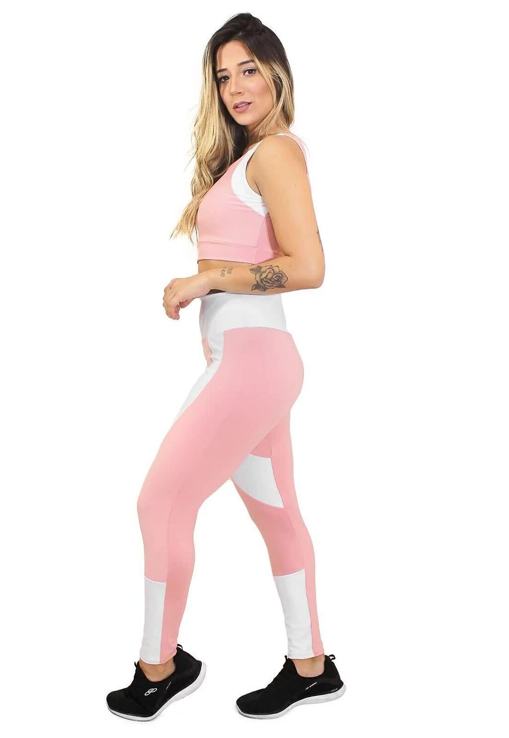 Conjunto Feminino Fitness Cropped e Calça Legging Rosa e Branco