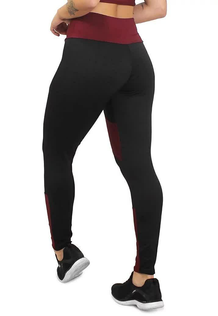 Calça Legging Feminina Cintura Alta Preta Detalhe Em Vermelho Escuro