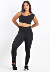 Conjunto Feminino Fitness Cropped Preto e Calça Legging Preta Detalhe Em Branca