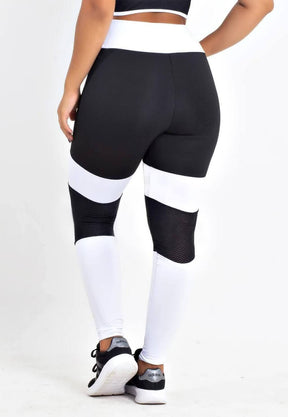 Calça Legging Feminina Cintura Alta Preta e Branco Com Detalhe Em Tela