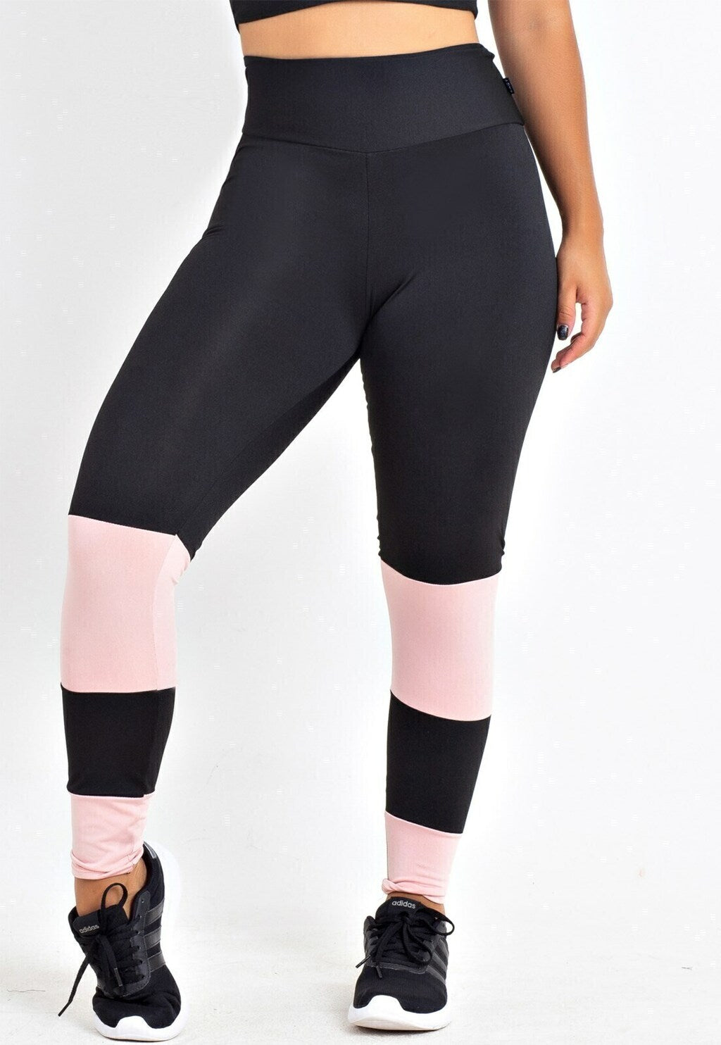 Calça Legging Feminina Cintura Alta Preta Detalhes Em Rosa