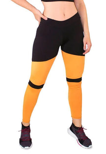 Calça Legging Feminina Cintura Alta Preta Com Detalhe Amarelo