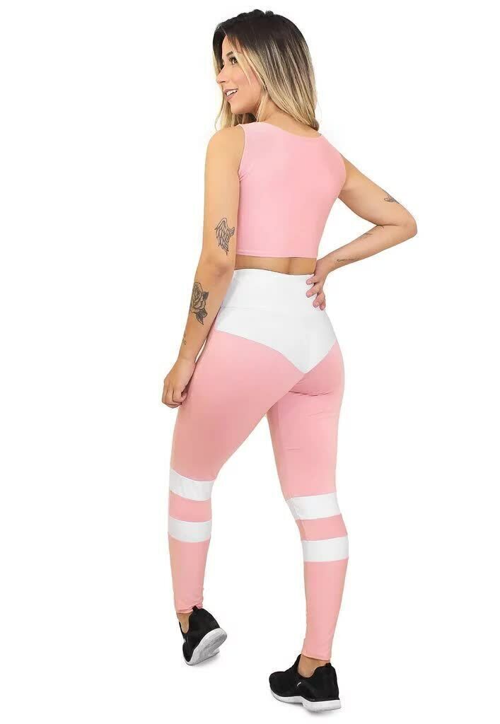 Conjunto Feminino Fitness Cropped Rosa e Calça Legging Rosa Detalhe Branco