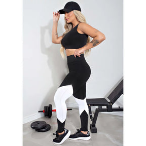 Conjunto Feminino Fitness Cropped Preto e Calça Legging Preta Com Branco