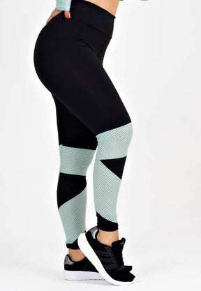 Calça Legging Feminina Cintura Alta Preta Detalhe Em Tela Verde