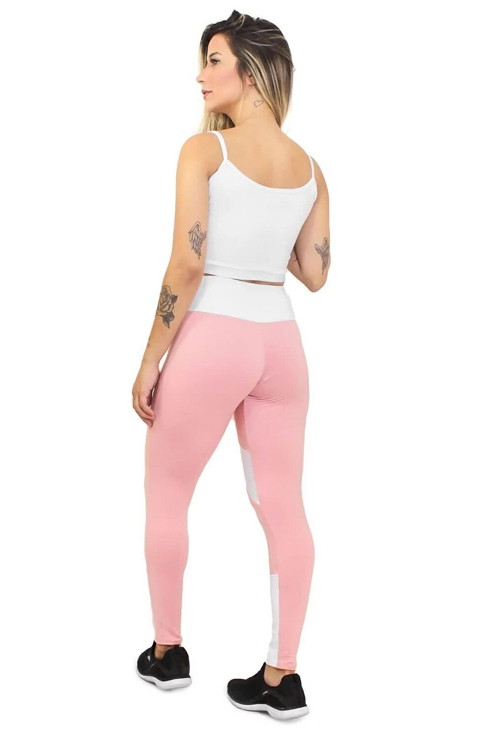 Conjunto Feminino Fitness Cropped Branco e Calça Legging Rosa Com Branco