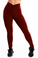 Calça Legging Feminina Cintura Alta Cós Em V Vermelho Escuro