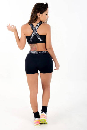 Conjunto Feminino Cropped e Short Curto Preto Elástico Supensório