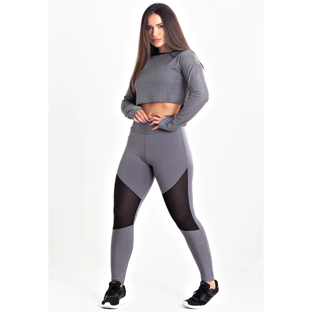 Conjunto Feminino Fitness Cropped Manga Longa Tela e Calça Legging Cinza Tela Preta